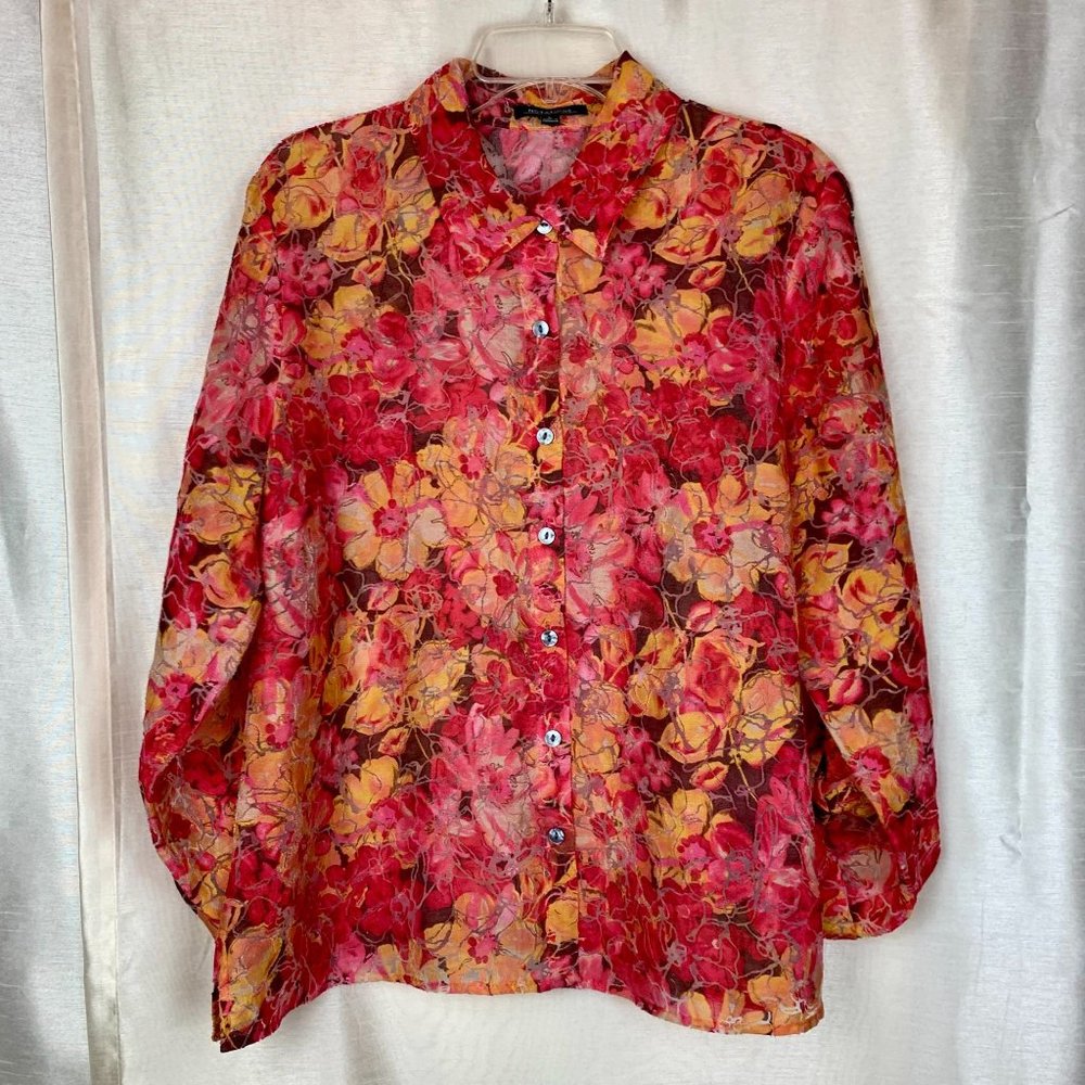 NOTATIONS Sheer Linen Button Blouse L